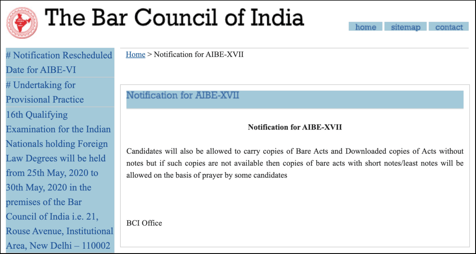 Official Bar Council notification on taking Bare Acts with Notes inside the exam hall