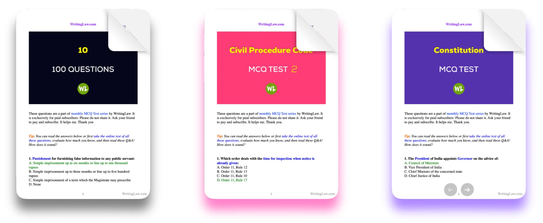 MCQ Tests colored PDF previews